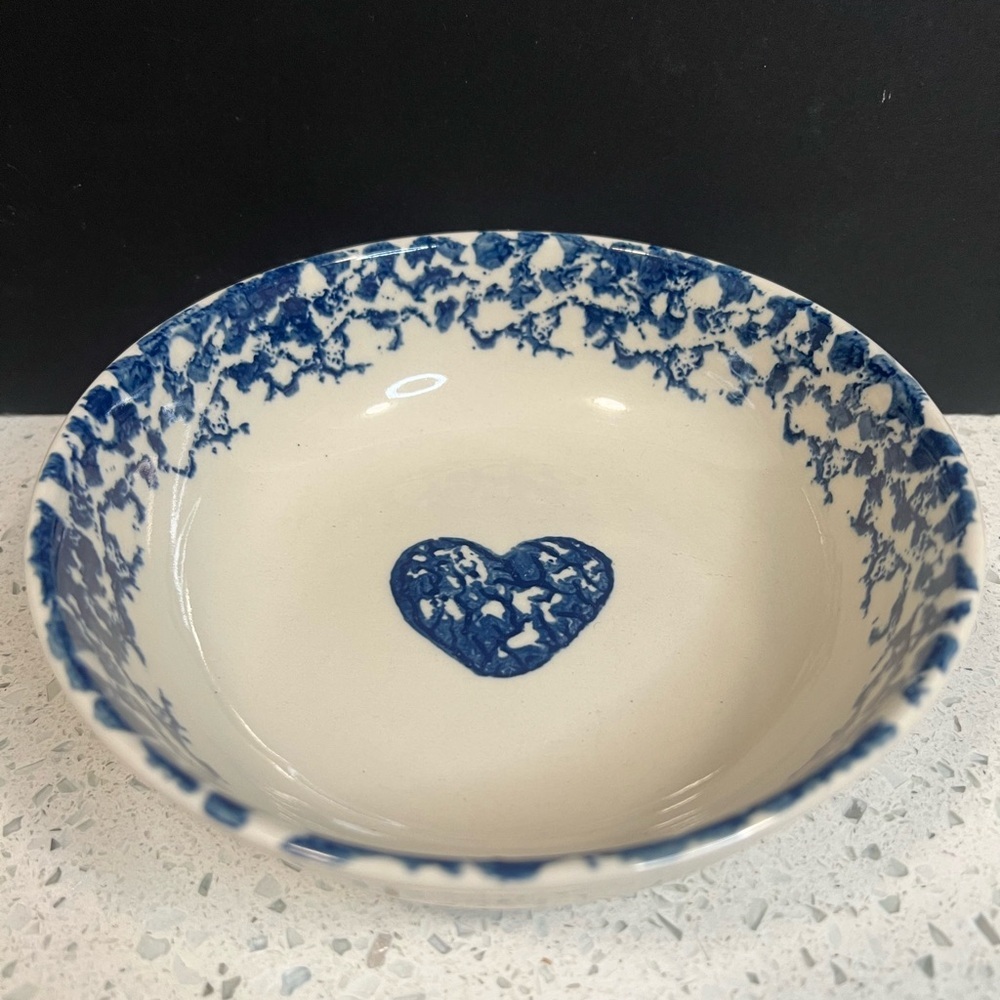 FOLKCRAFT by Tienshan Heart Design Blue and White Ceramic Bowl Spongeware Dinner